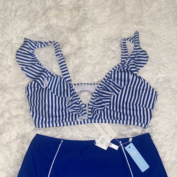 Women's High Waisted Bikini with Ruffle Striped Cutout Two Piece Bathing Suit - Picture 3 of 5